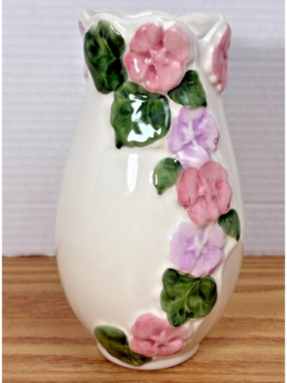 Vintage Floral Ceramic Vase White Pink Purple Green 7.5" Tall Made in Portugal